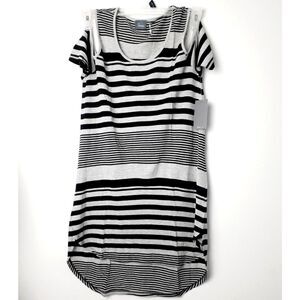 $40 Strazzi Black Grey Striped Hi-Low Hem Cold Shoulder Soft TShirt Dress NWT M